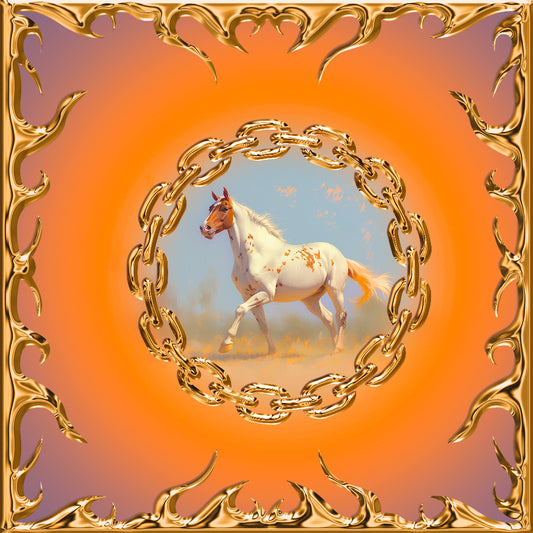 paliacate naranja con caballo blanco pintado en la naturaleza hecho en mexico