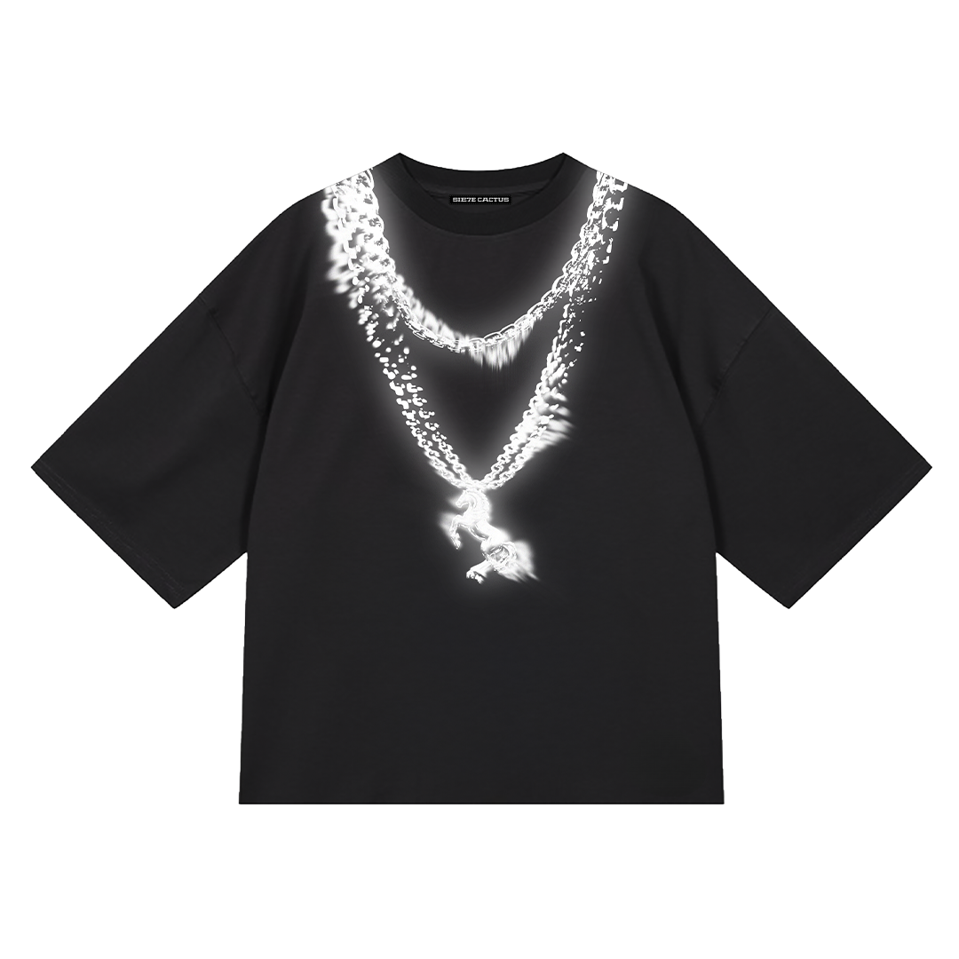 7 Cactus Black Tee-shirt with Metallic Chain Horse