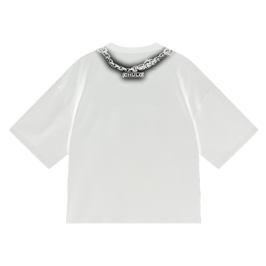 white teeshirt silver chain